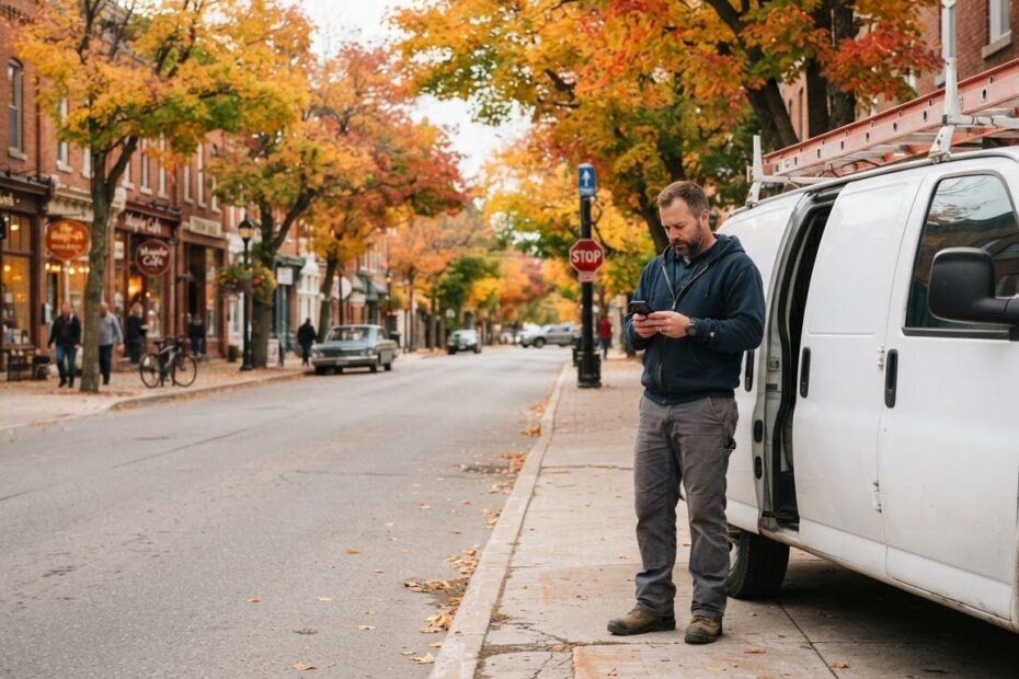 Local business owner beside a work van on an Ontario main street in autumn