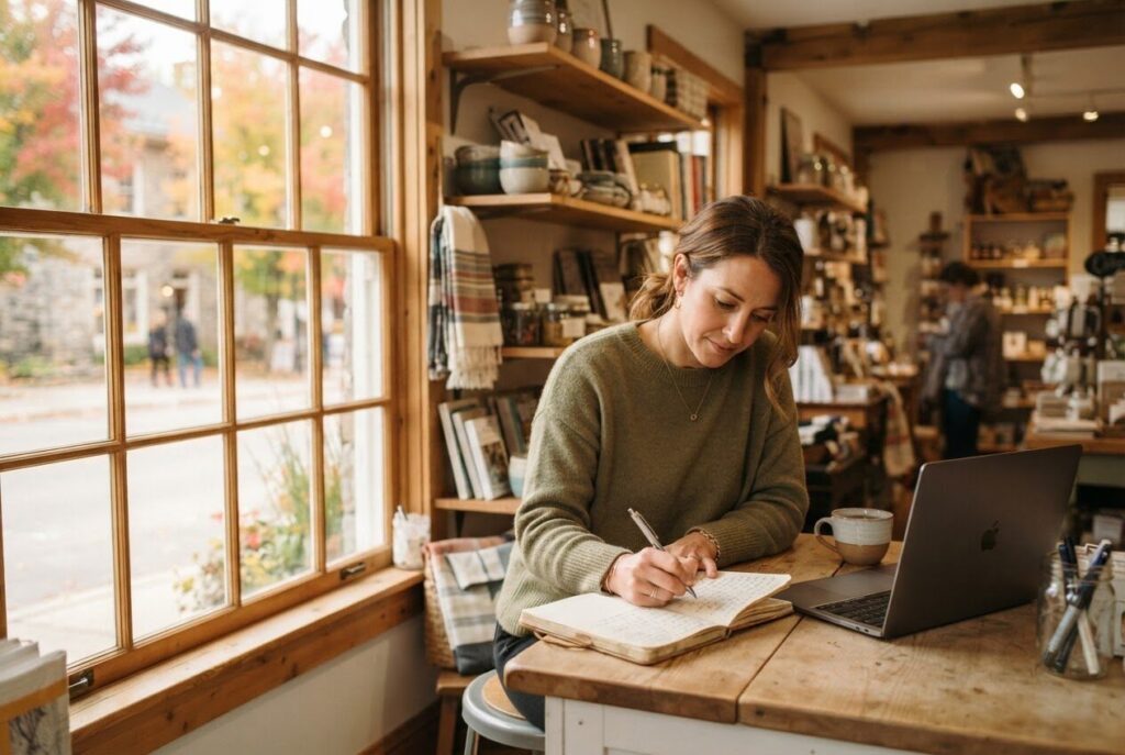 Shop owner writing notes at a counter in a small Ontario town
