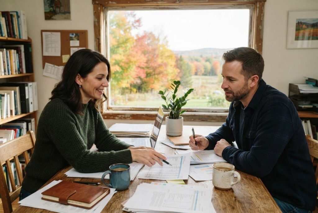 Two business partners reviewing paperwork together at a table with coffee