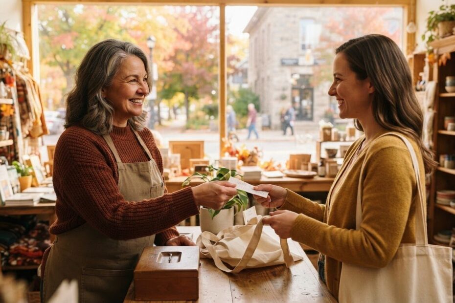 Small shop owner handing a customer a receipt at the counter on an autumn afternoon
