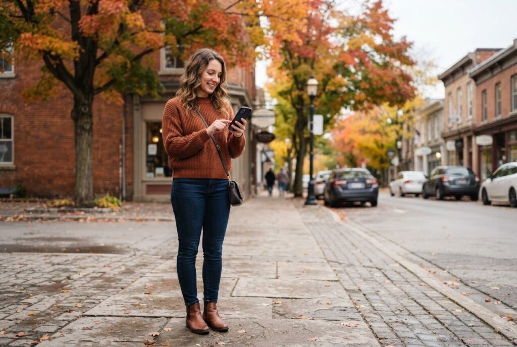 Person using a phone on an Ontario main street in autumn