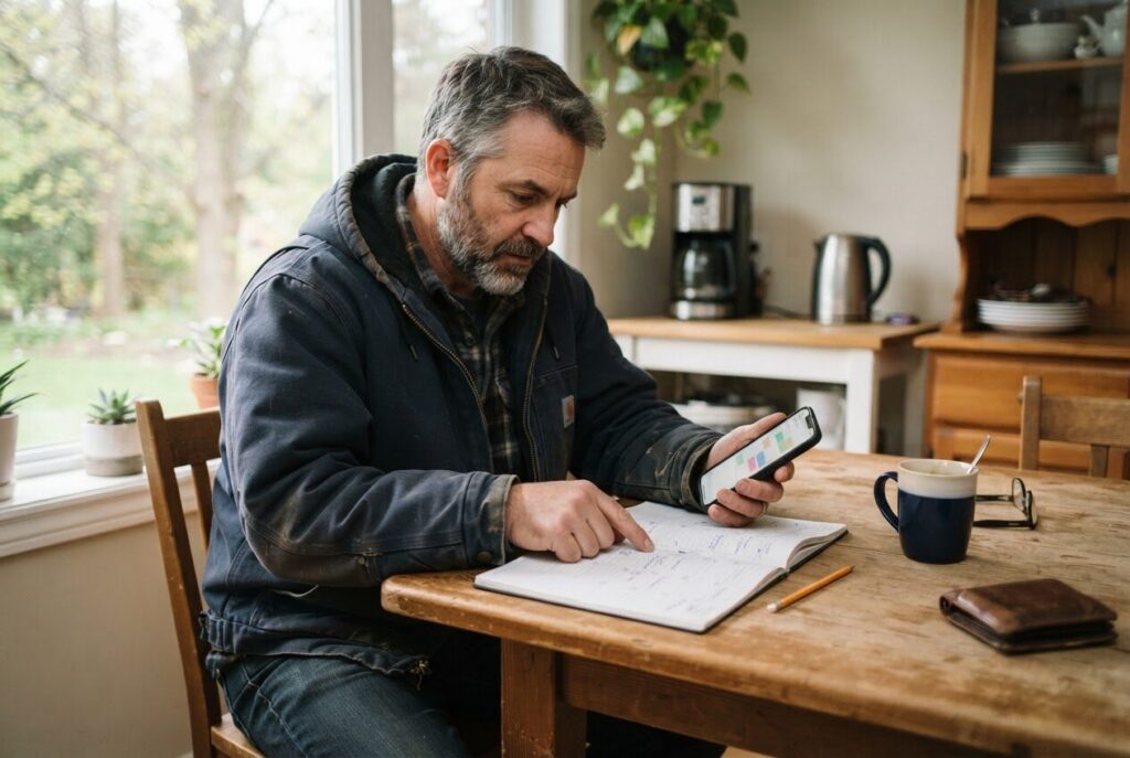 Tradesperson planning the week at a kitchen table with a phone and calendar