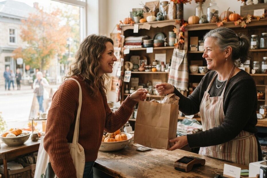 Shop owner handing a customer a bag at a counter in a small Ontario town
