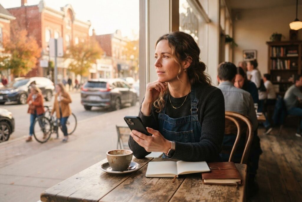 Business owner at a cafe table carefully considering a reply on their phone