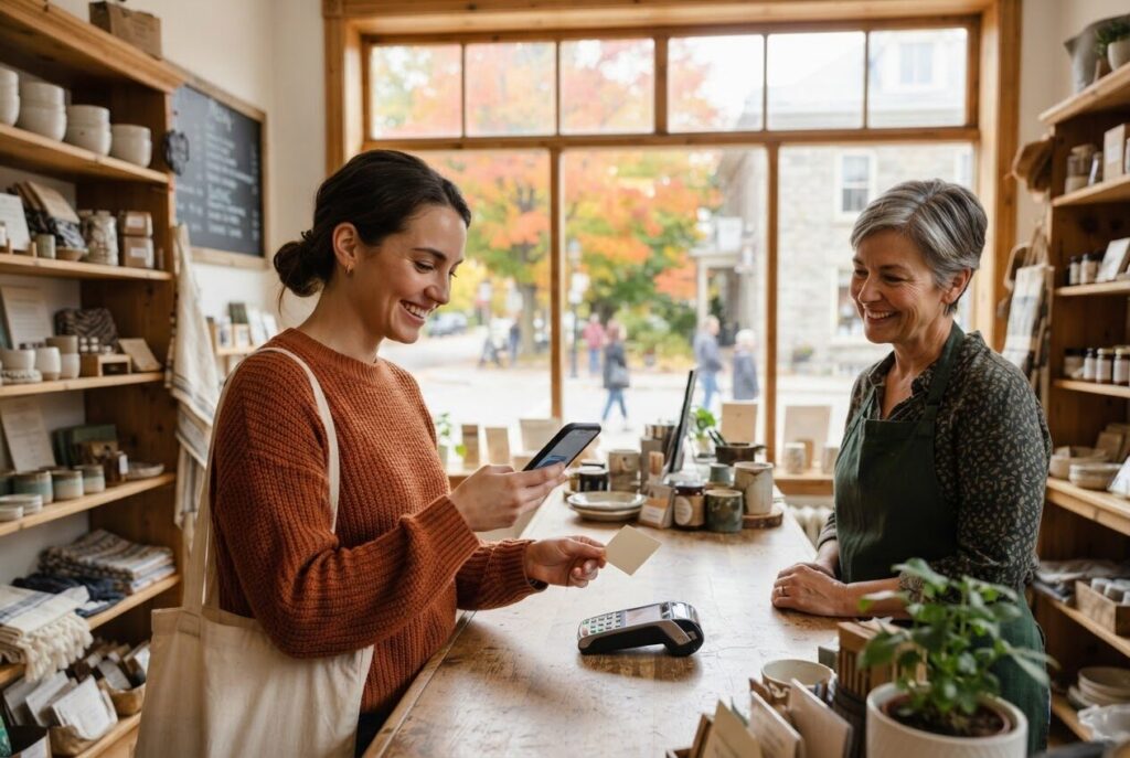 Customer using a phone at a local shop counter while the owner watches