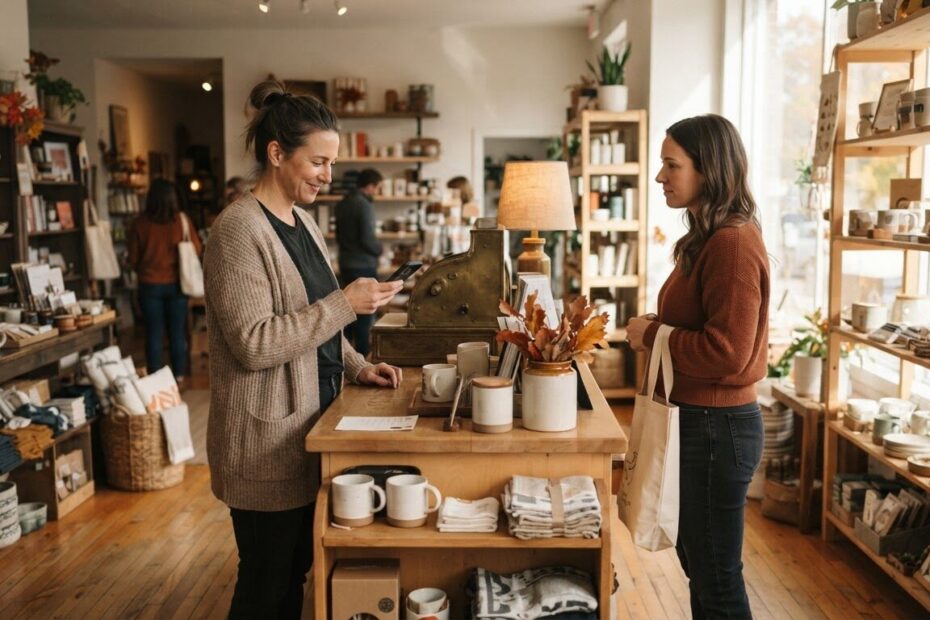 Local shop owner checking a phone at the counter while a customer waits