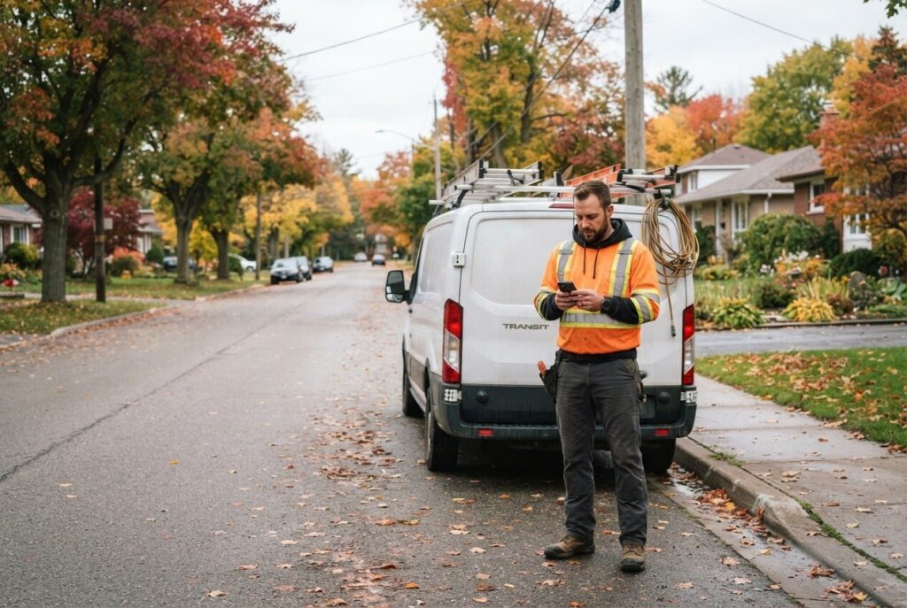Tradesperson checking a phone beside a work van on an autumn street
