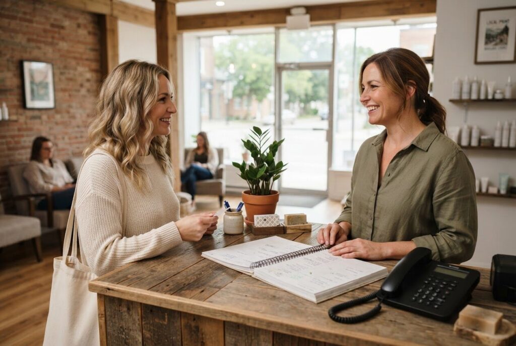 Receptionist greeting a client at a small town reception desk