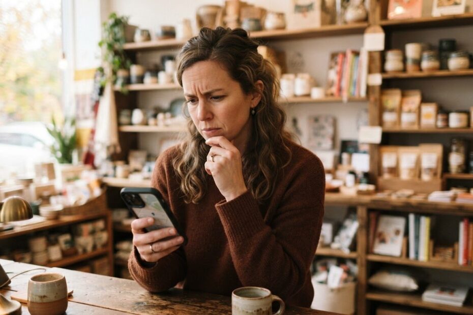 Local business owner looking at a phone with a puzzled expression in a small shop