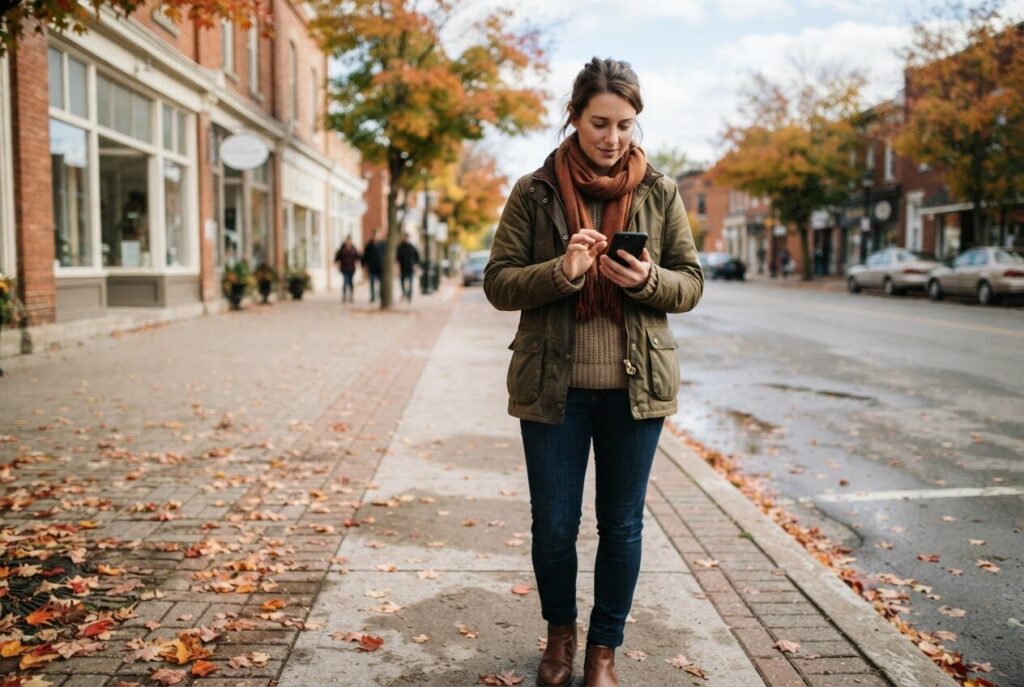 Customer using a smartphone on a small-town Ontario street in autumn