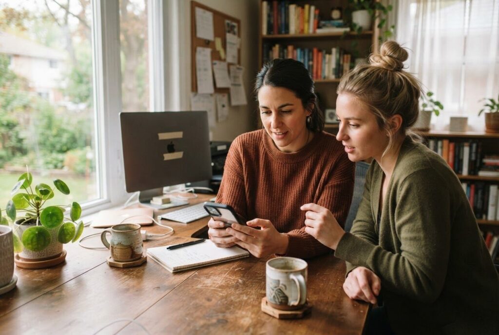 Two people testing a website on a phone at a desk in a home office