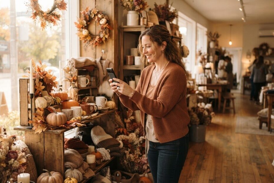 Shop owner photographing a fall product display with a phone