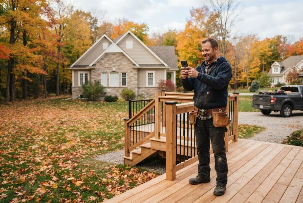 Contractor photographing a finished deck in autumn
