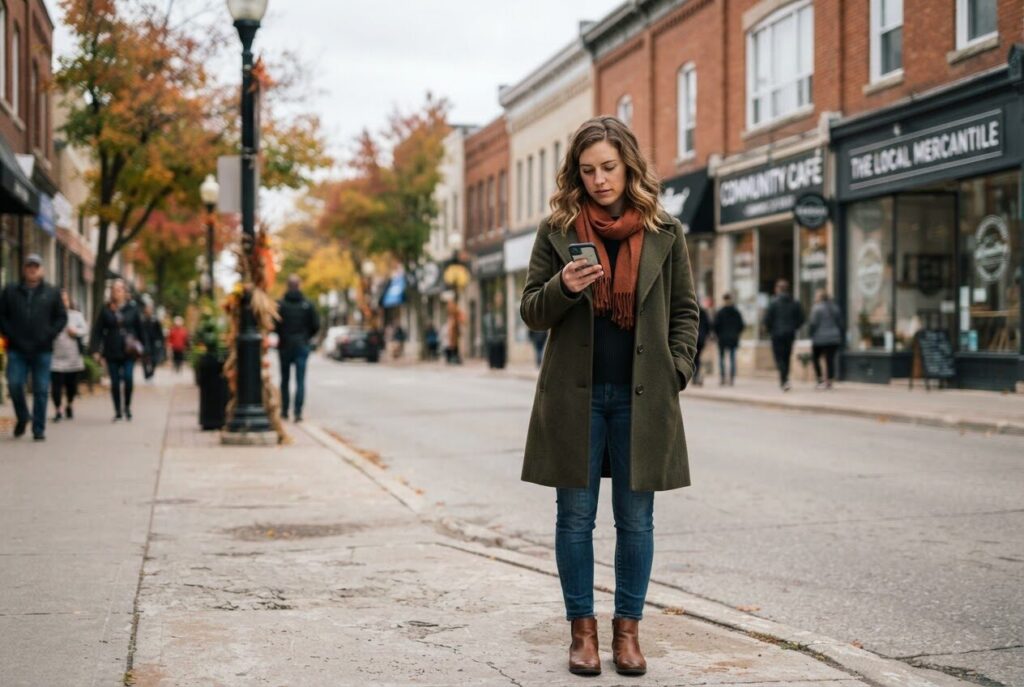 Person waiting on a phone along a Barrie street in autumn
