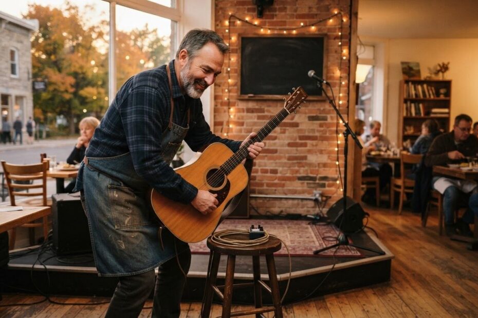 Restaurant owner preparing a cozy corner for a live music night