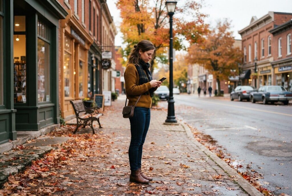 Person checking their phone on a small-town Ontario main street in autumn