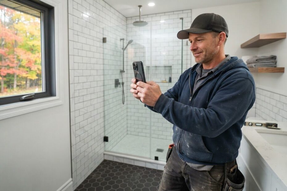 Tradesperson photographing a freshly finished bathroom with a phone
