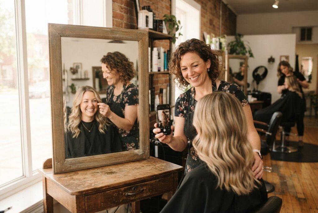 Salon owner and client admiring a finished hairstyle in a mirror