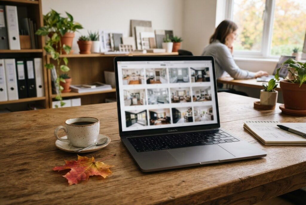 Laptop on a desk displaying a grid of renovation photos