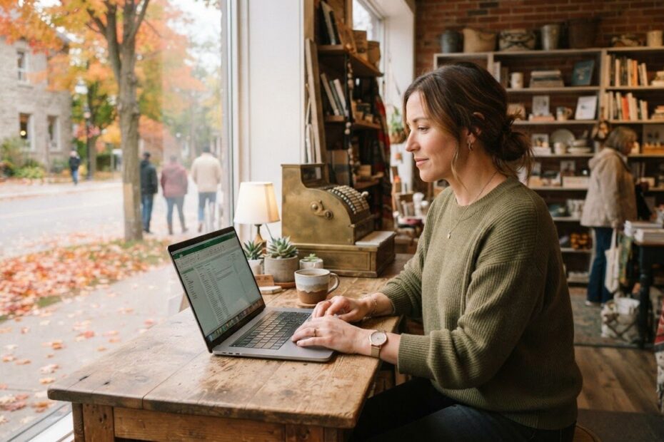 Small business owner checking a laptop at the counter of a local Ontario shop in autumn