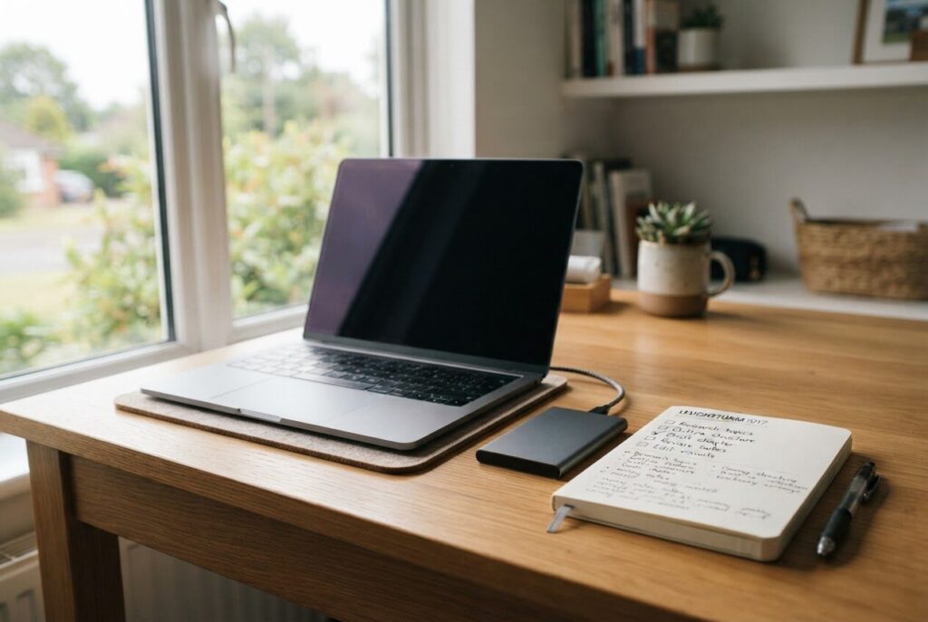 Home office desk with a laptop, external hard drive and a handwritten checklist