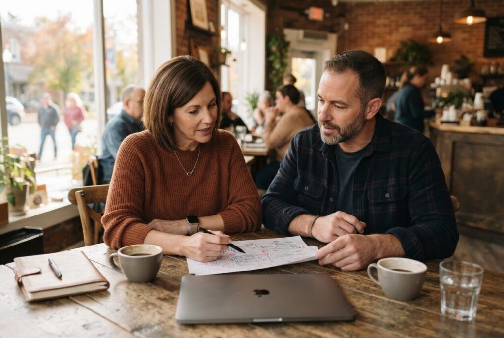 Two local business people reviewing a plan on paper at a café table