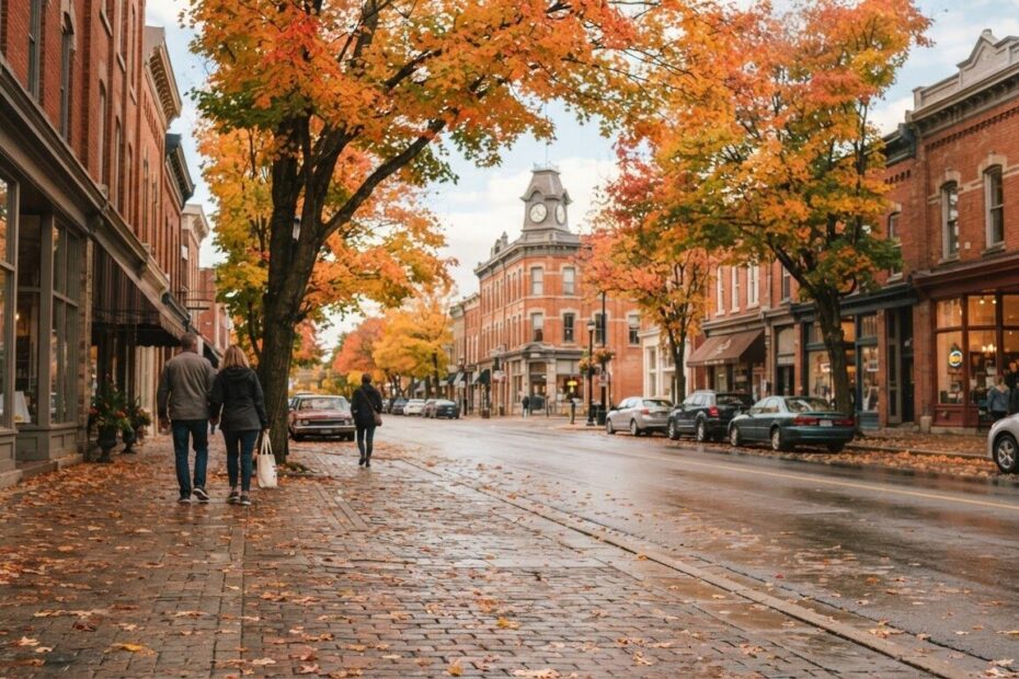 Small-town Ontario main street in autumn with brick storefronts and fallen maple leaves