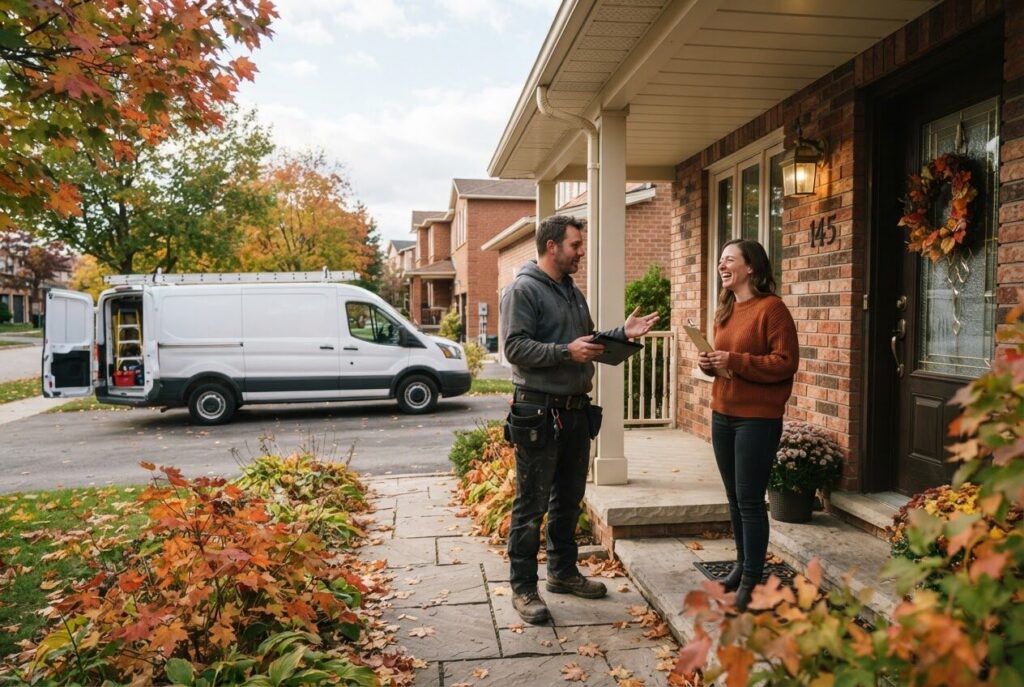 Tradesperson chatting with a homeowner at the front door of a brick house in autumn