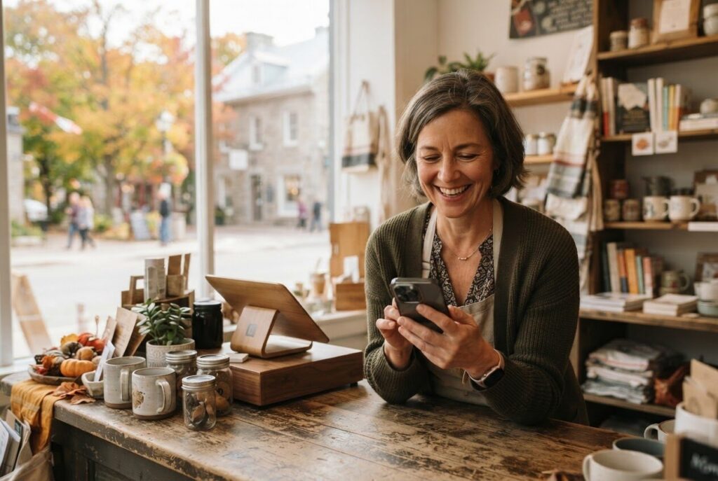 Small business owner at a shop counter checking a phone, with autumn trees outside