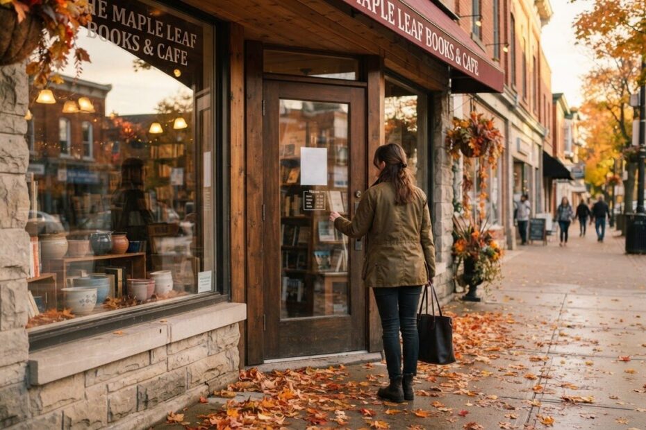Customer checking the hours at a small shop door on an Ontario main street in autumn