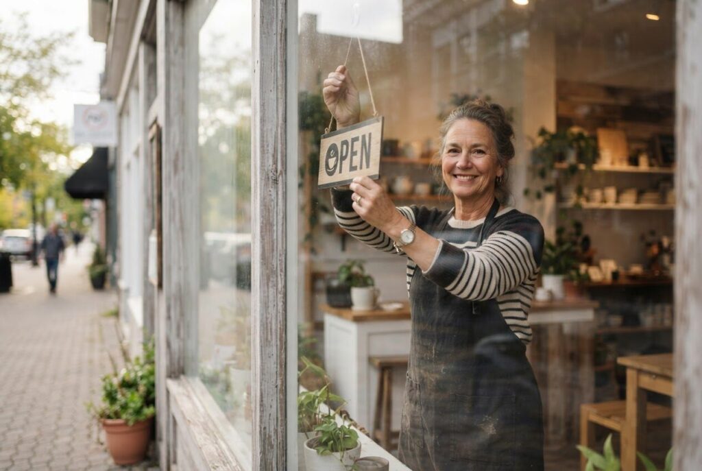 Shop owner flipping the door sign to open at a local Ontario business