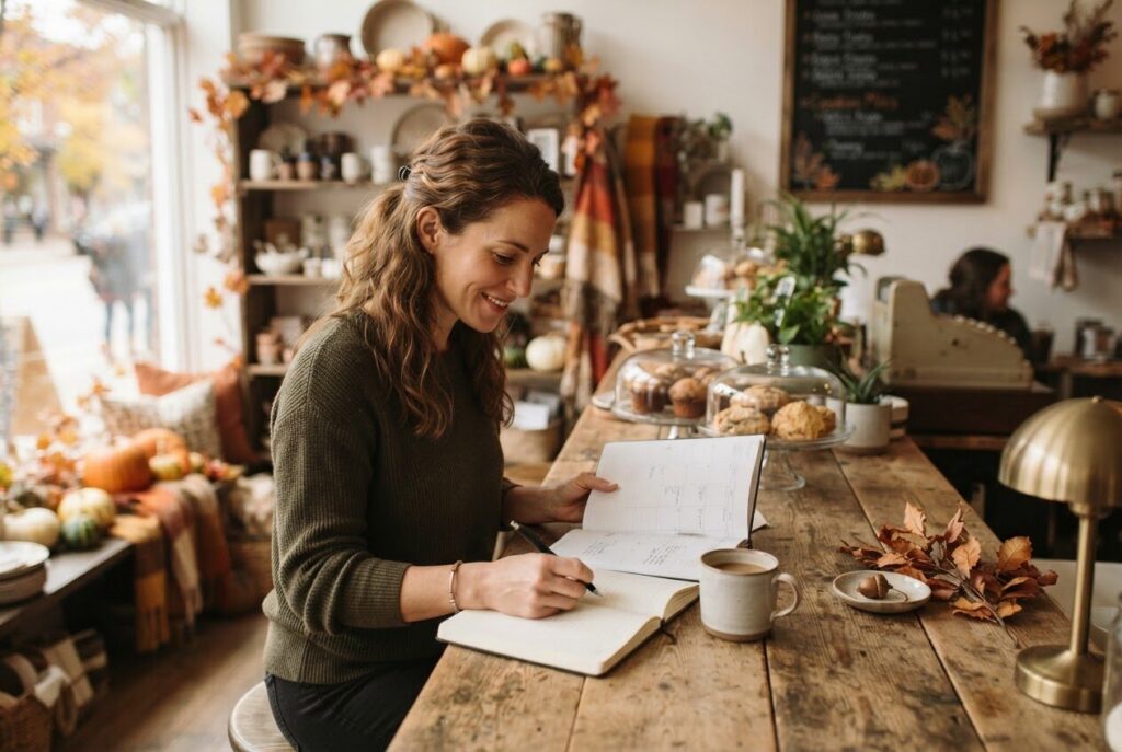 Business owner at a counter planning holiday and seasonal schedules