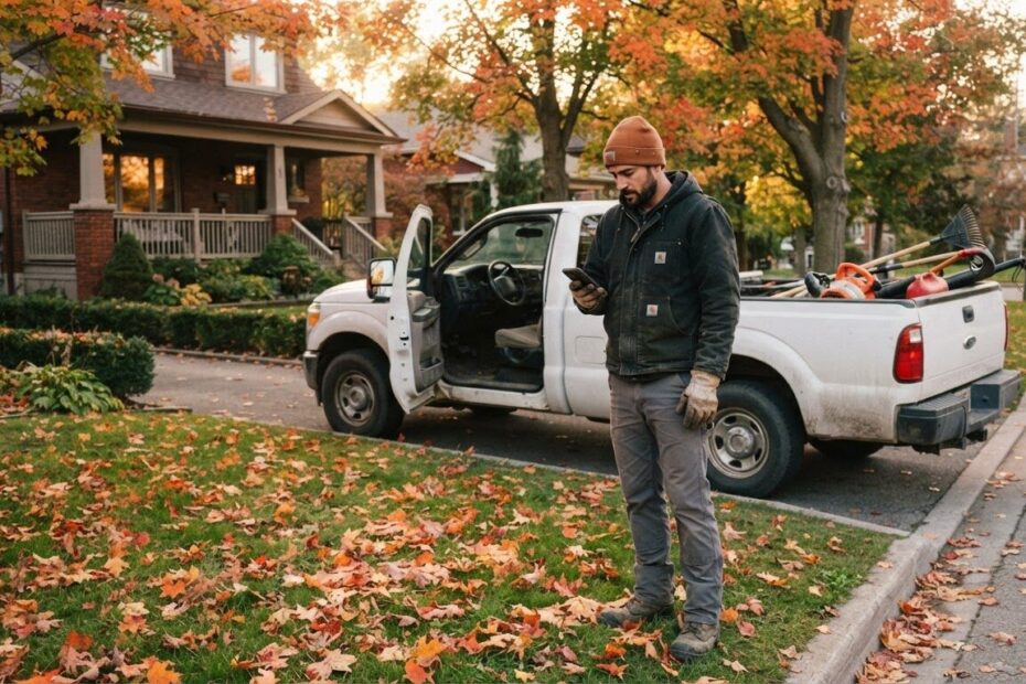 Landscaper checking his phone beside a truck in an autumn Ontario yard