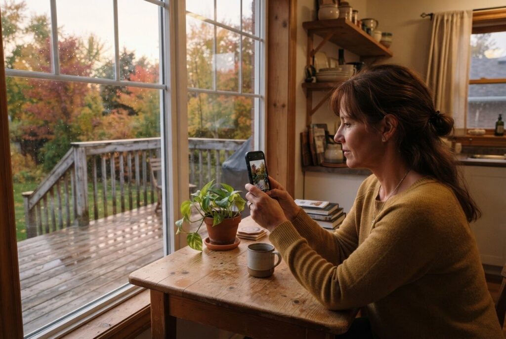 Homeowner photographing her deck with a smartphone from inside her home