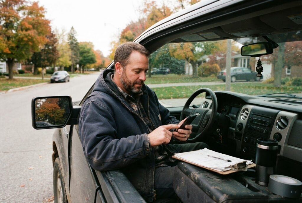 Contractor replying to a customer message on his phone in his truck