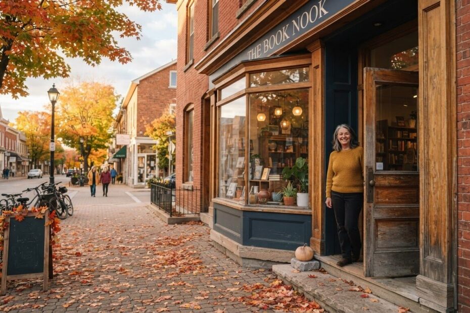 Small business owner at the door of a shop on an Ontario main street in autumn
