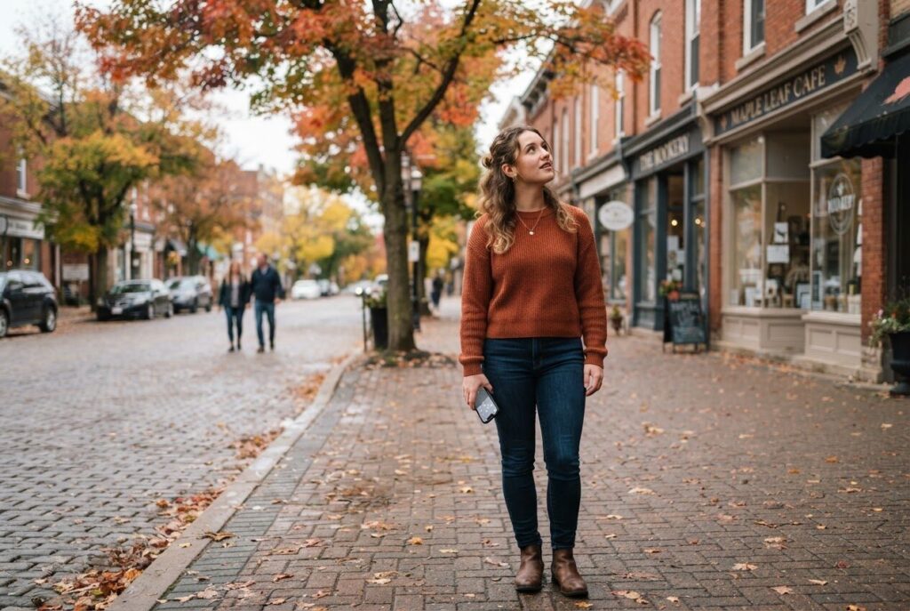 Person using a phone to look for local shops on a town street in autumn