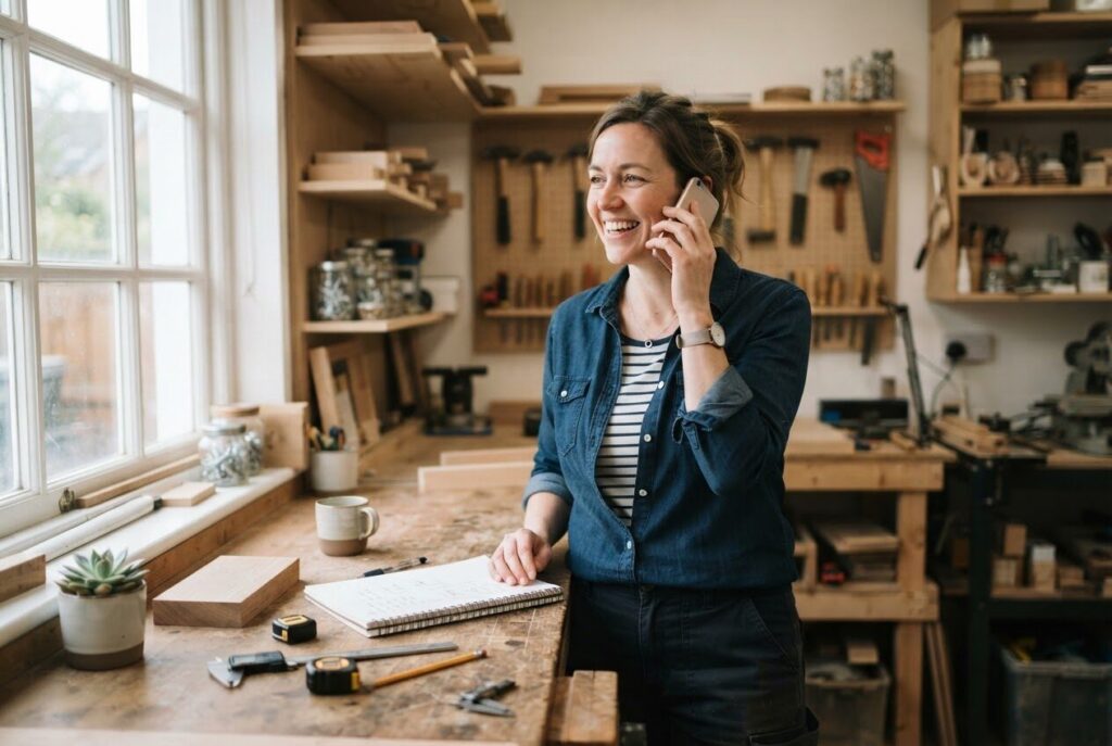 Local business owner answering a customer call at a workshop counter