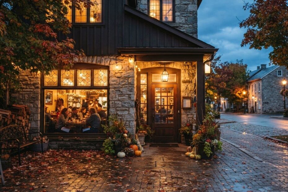 Cozy small-town Ontario restaurant glowing on an autumn evening