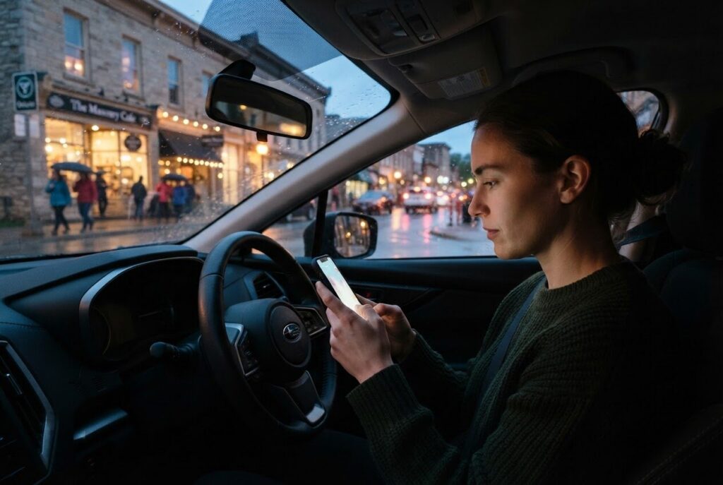 Person checking a phone in a car while looking for dinner