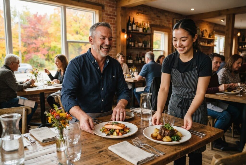 Restaurant owner and server setting a table in a welcoming dining room