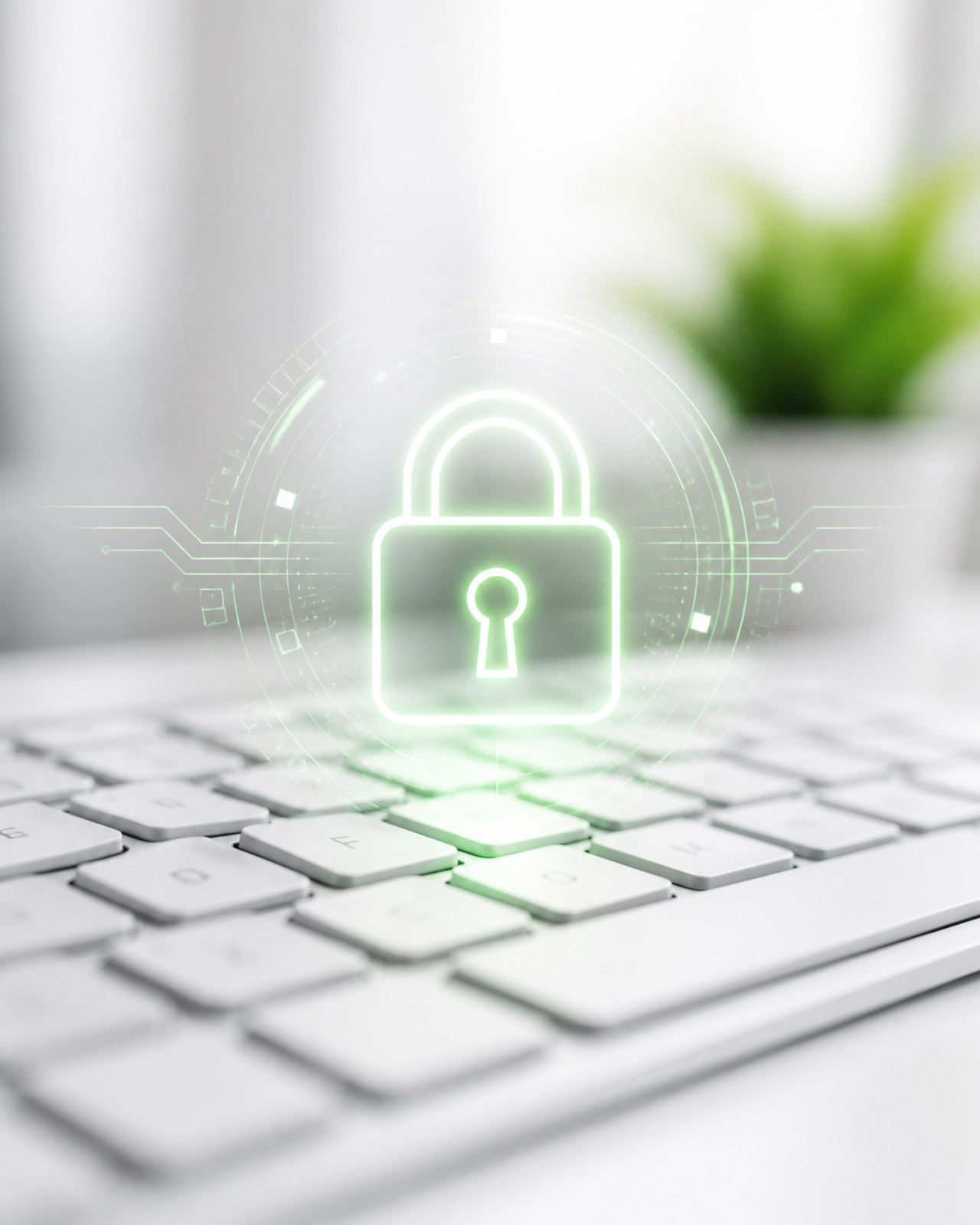 A digital security concept with a green padlock on a keyboard