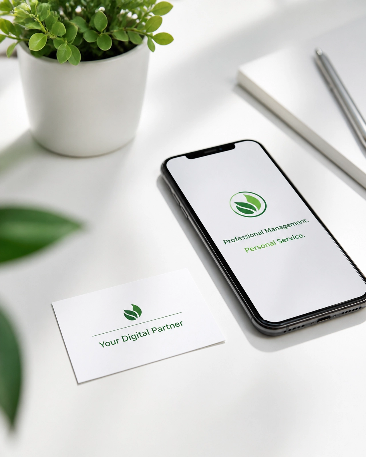 A conceptual image representing professional management and personal service. A clean, white desk with a single smartphone and a business card that says 'Your Digital Partner'.