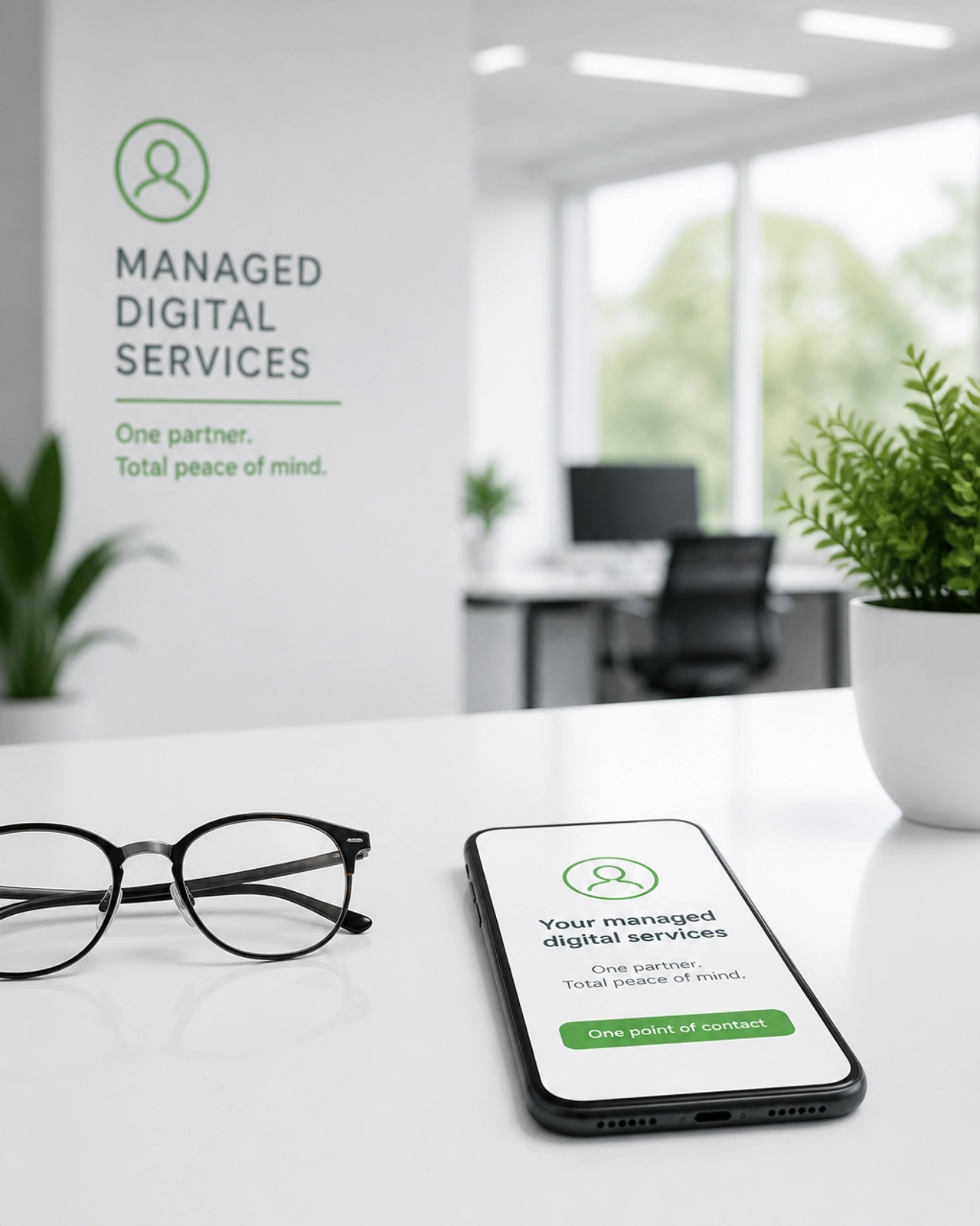 A minimalistic and professional image representing managed digital services. A clean, white desk with a single smartphone and a pair of glasses. The background is slightly blurred, showing a bright, modern office space. The image conveys a sense of calm, organization, and a single point of contact. White and green colour accents.