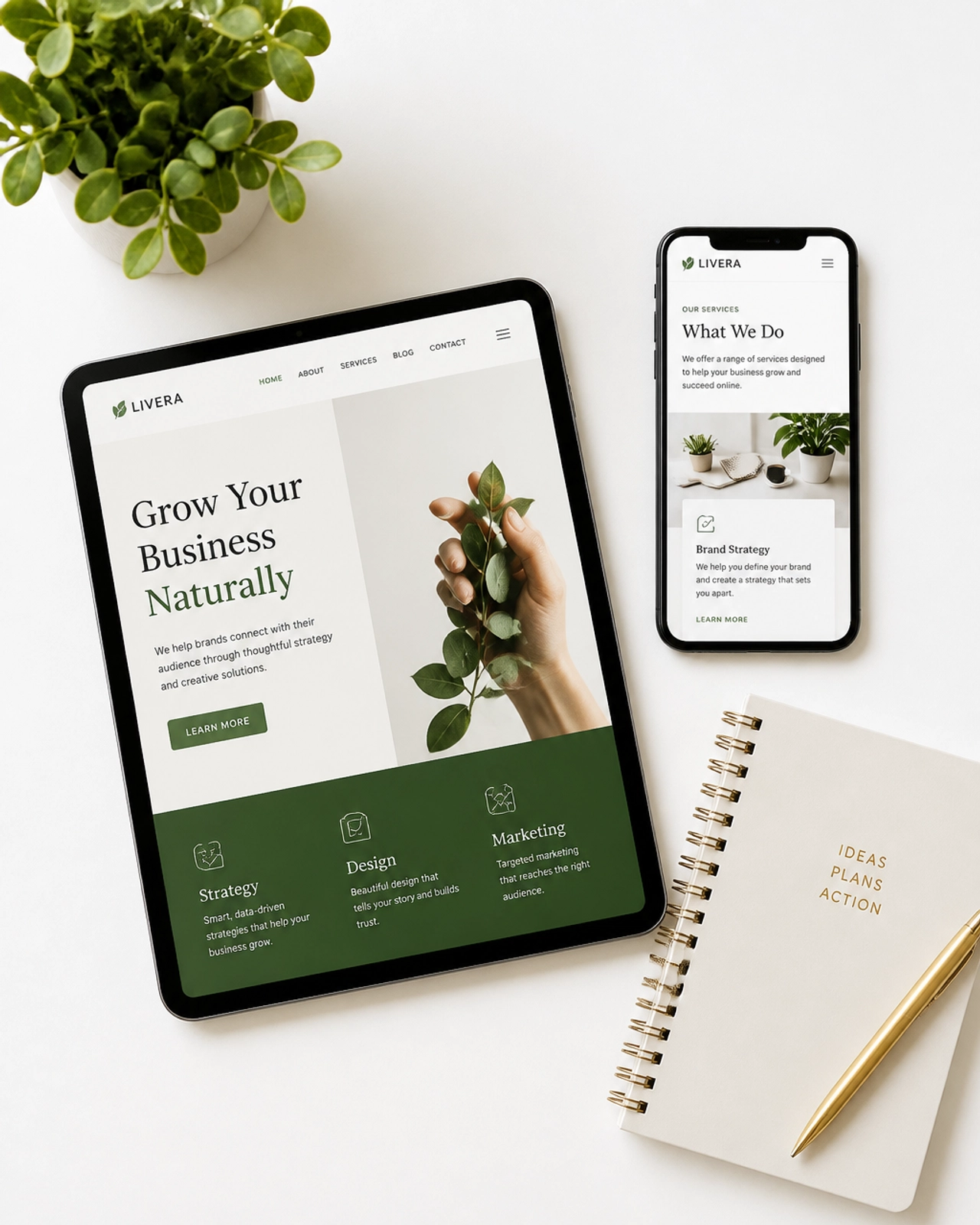Flat lay of mobile and tablet devices showing minimalist website designs