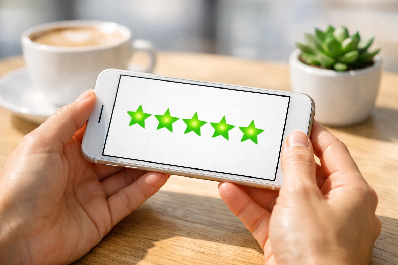 Smartphone displaying five green stars for a high-quality local business rating and positive customer reviews.