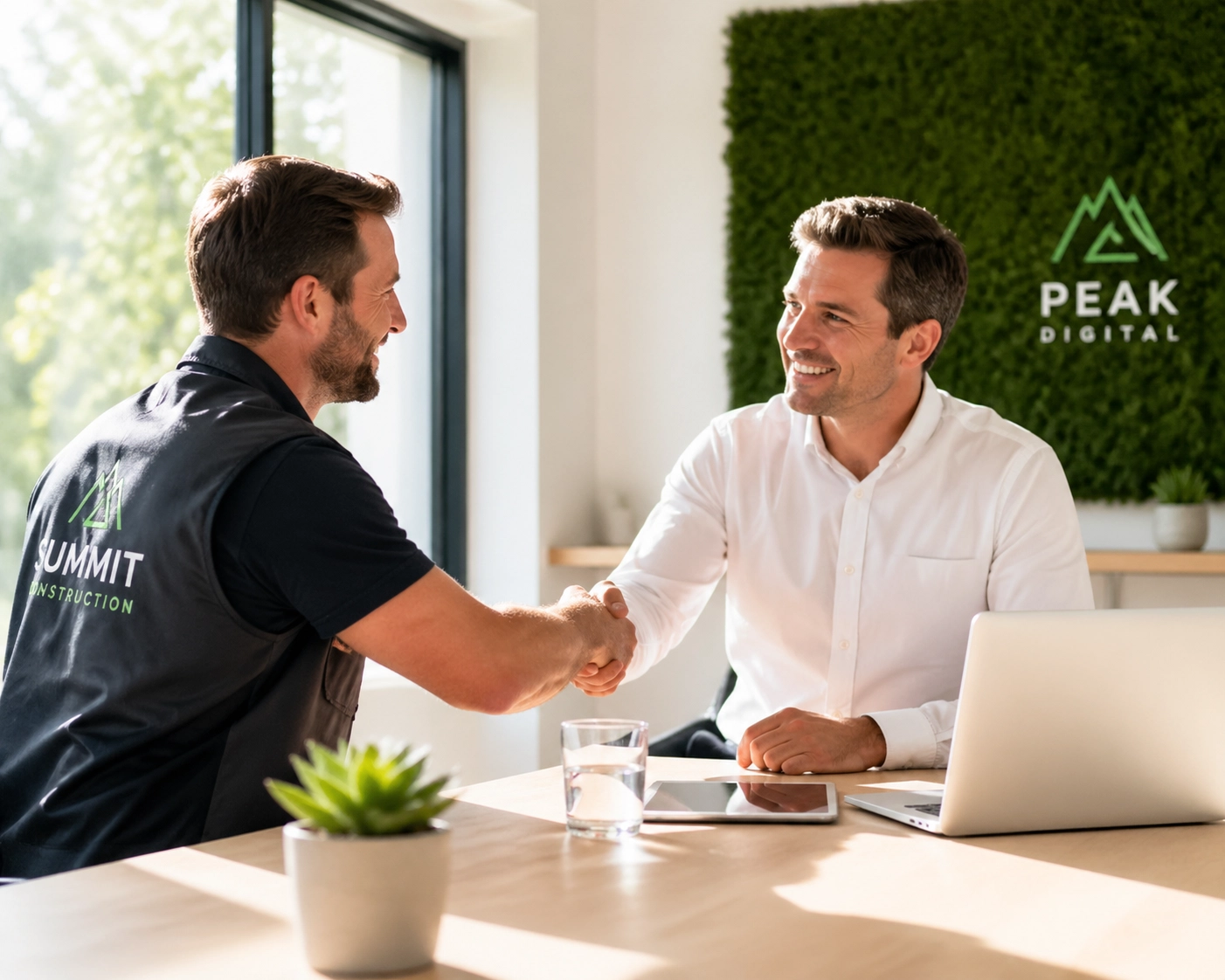 Contractor collaborating with a digital specialist to manage a business website and online presence.