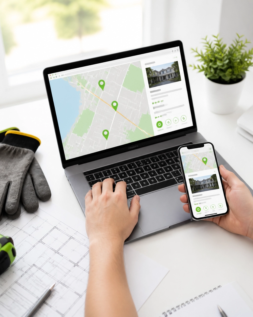 Mobile phone and laptop showing an abstract local contractor business listing and map