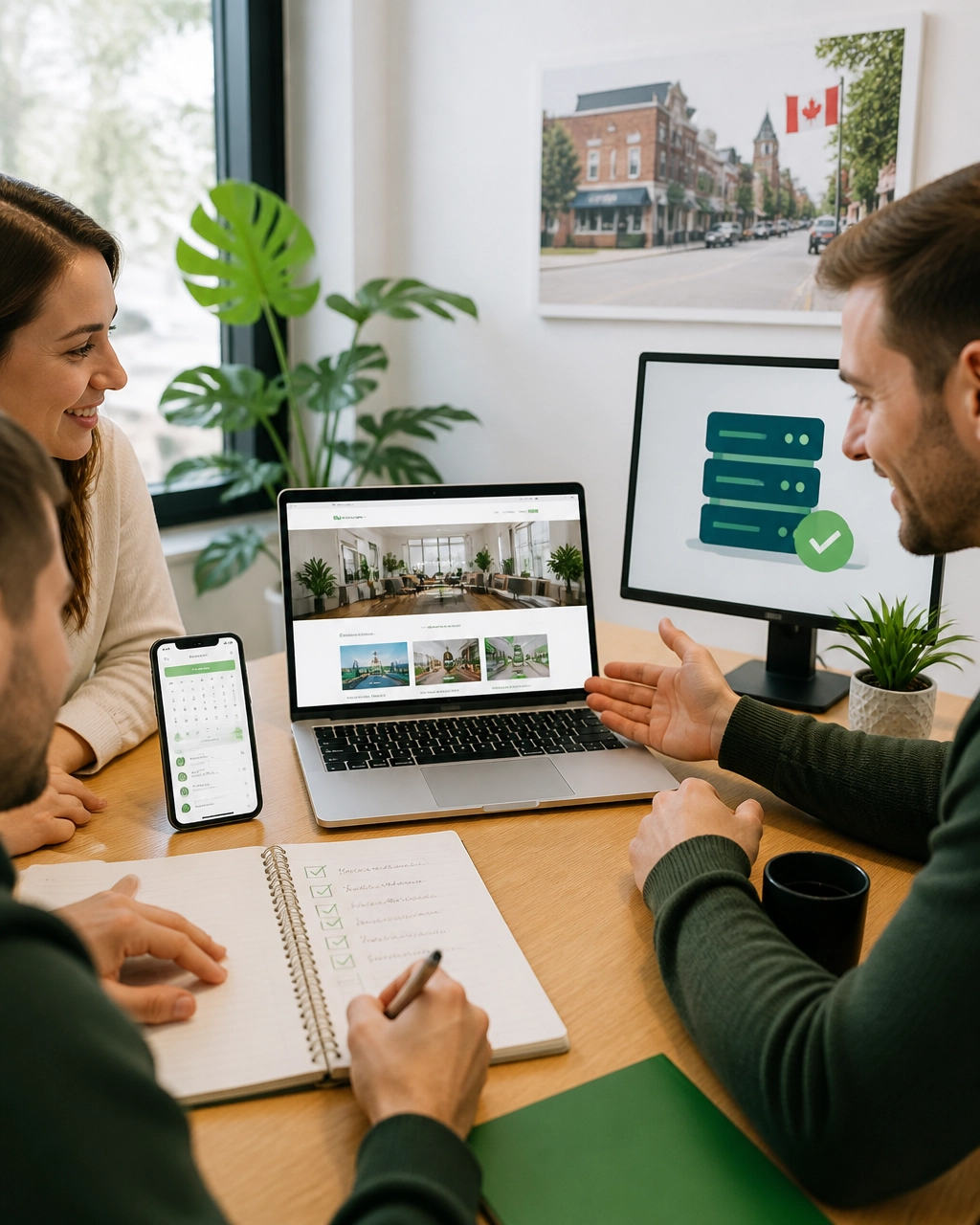 Local business owner reviewing a website, booking interface, and organised digital project plan