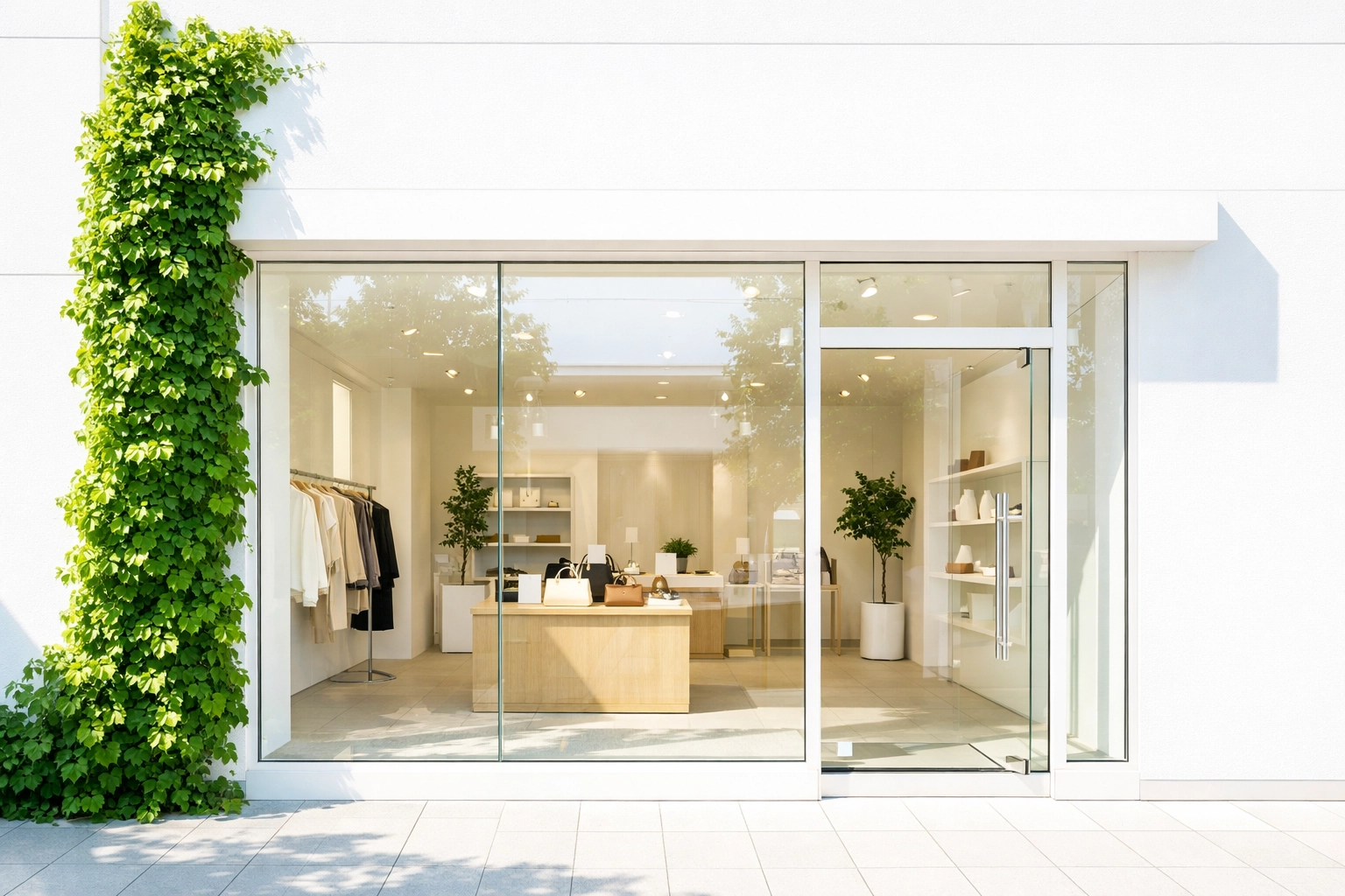 Modern local business storefront with clean white walls and green ivy, representing a verified physical address.